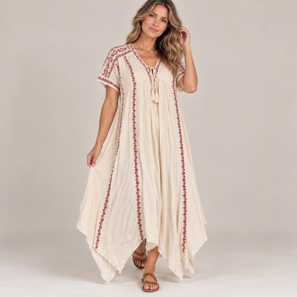 Oddy Cream Boho Maxi Dress XL Handkerchief Hem Embroidered Short Sleeve
